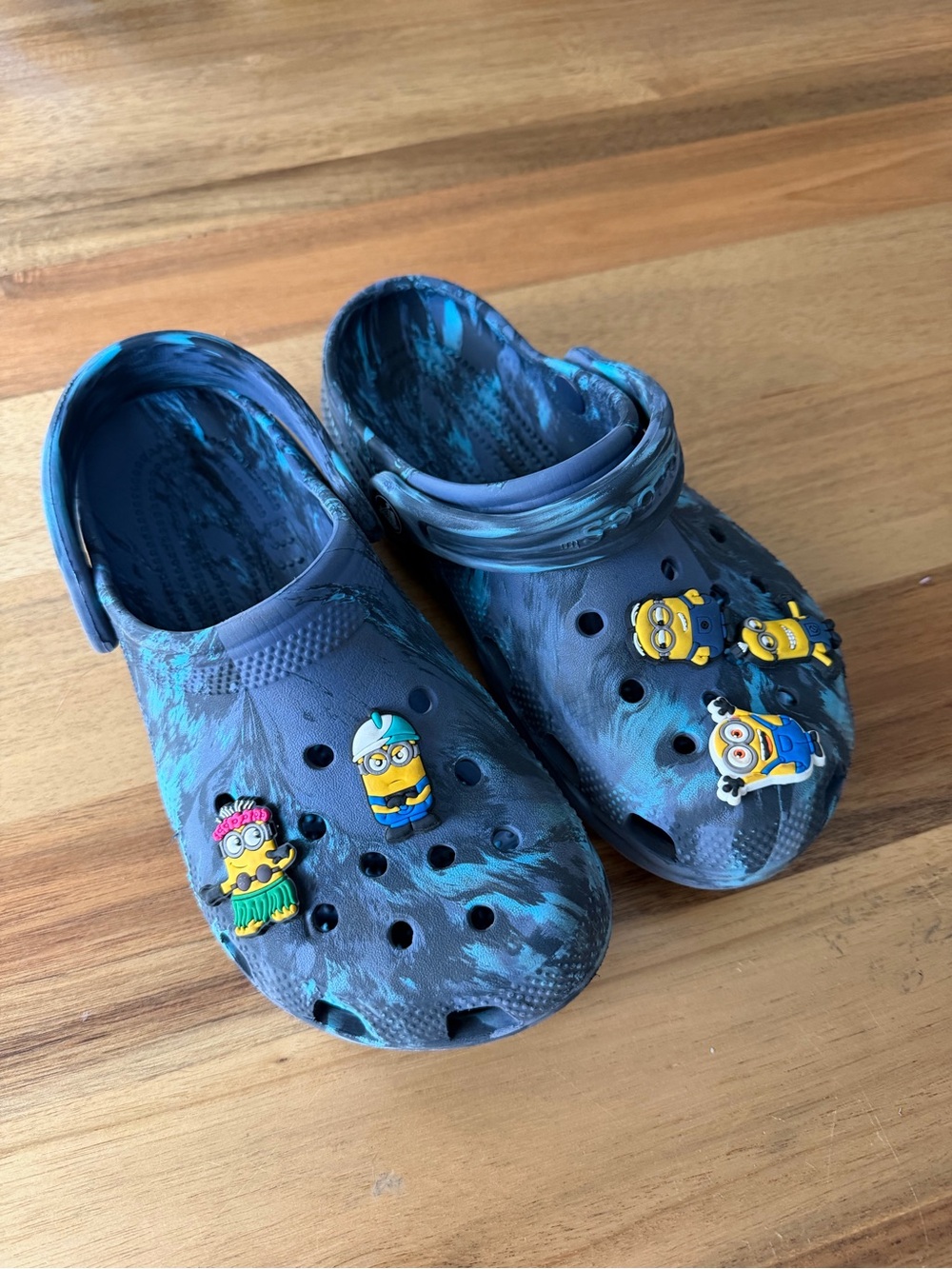 Kids Blue Tie-Dye Crocs with Minion Charms